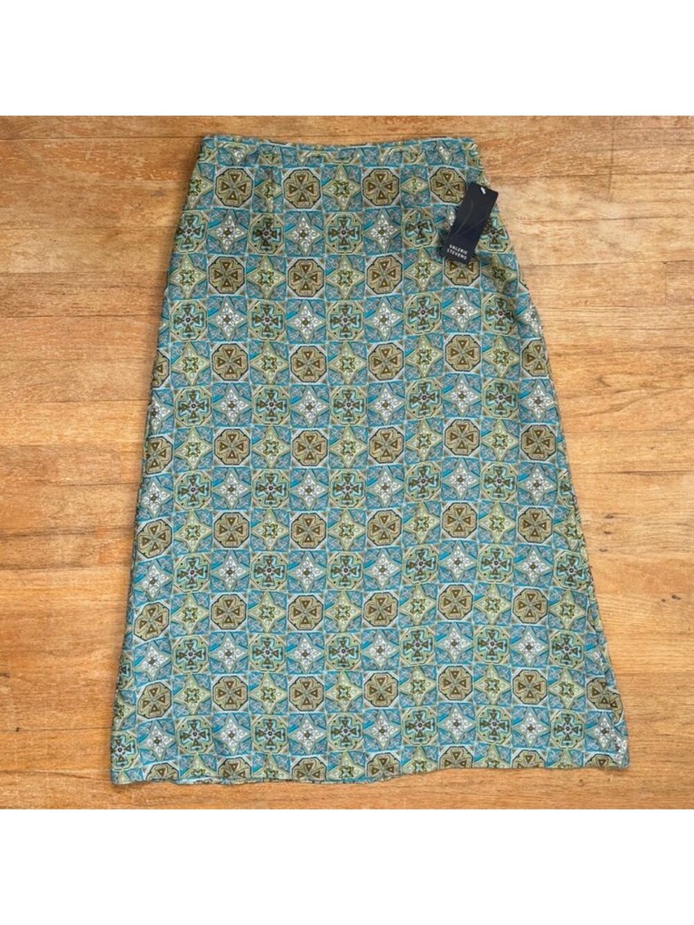 Valerie Stevens Skirt Size 4 NWT 100% Silk Floral Geometric Print Blue Green
